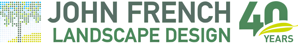 Logo for John French Landscape Design featuring the company name in dark green text, a pixelated blue and yellow graphic element on the left, and a green '40 YEARS' badge with a curved yellow accent on the right
