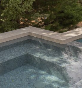 Custom swimming pool with bluestone coping and mosaic tiles surrounded by native bushland in Melbourne