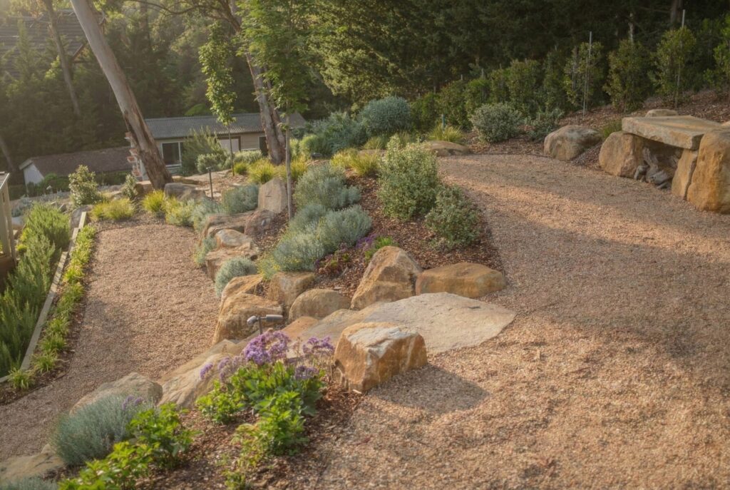 Custom garden design for a Federation home in Hawthorn with mature plane trees and bluestone edging.