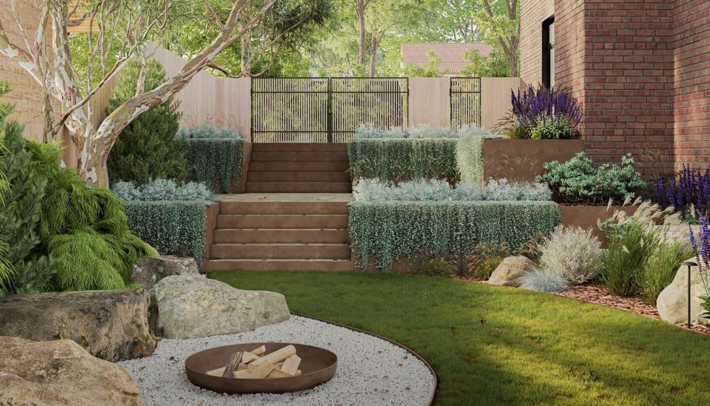 Custom garden design for a Federation-style home in Kew with mature plane trees and bluestone edging.
