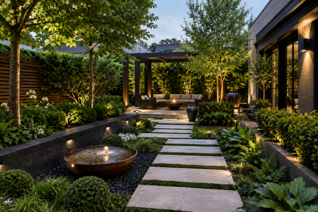 Custom garden design for a Federation home in Canterbury with bluestone paths and clipped Buxus hedging