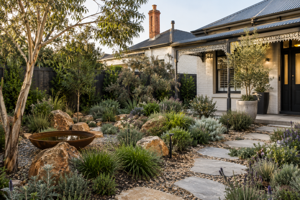 Drought-tolerant family garden in Canterbury with structural grasses and lawn alternatives