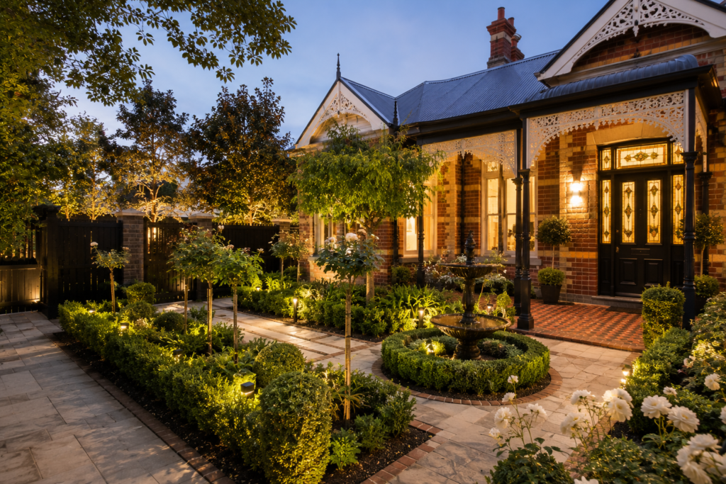 Heritage garden restoration in Canterbury featuring clipped formal hedging and period-appropriate plantings