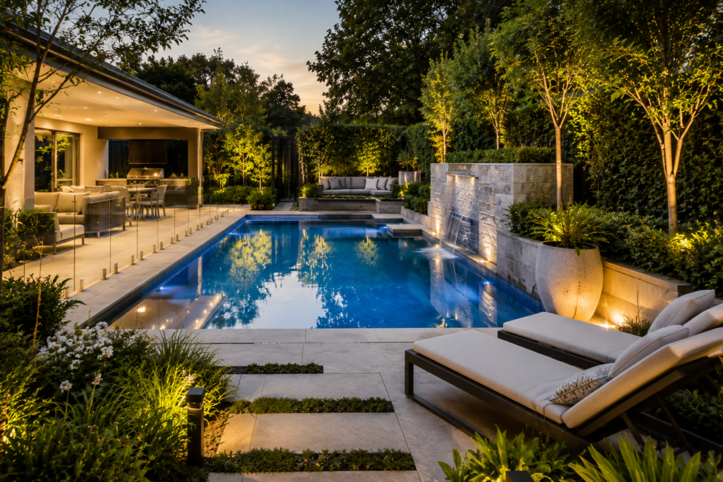 Pool landscaping in Canterbury with travertine coping, frameless glass fencing and lush border planting