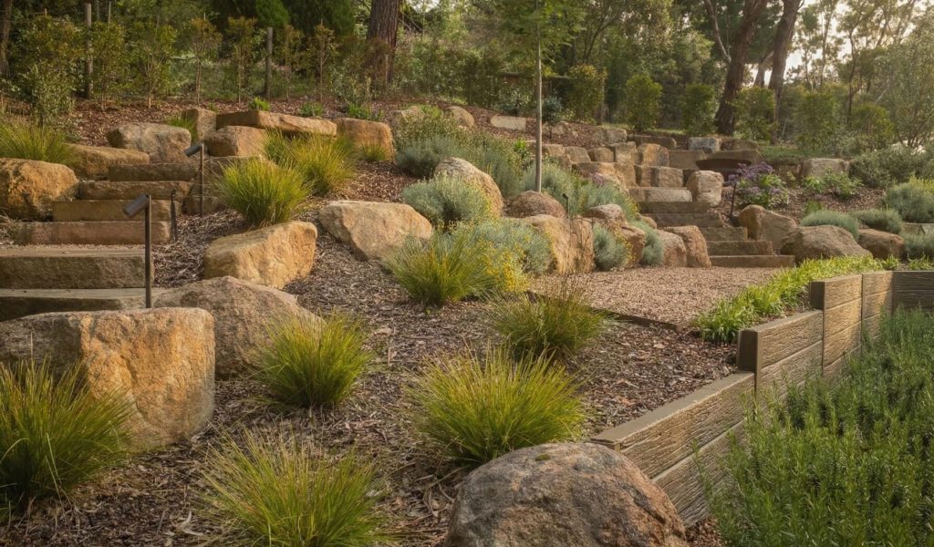 Award-winning Camberwell landscape design with formal parterre garden and period-appropriate stone paving.