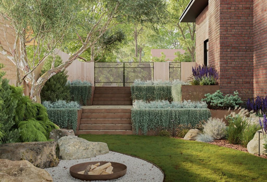 Terraced sloped garden design in Eltham featuring layered retaining walls, natural stone steps, structured planting beds, and a contemporary outdoor landscape layout.